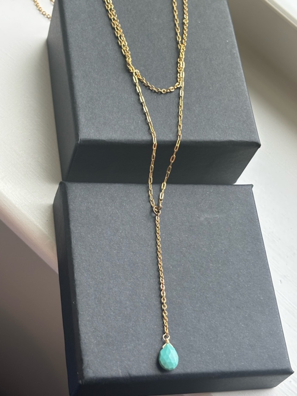 Gold Plated Lariat Necklace Turquoise Teardrop Pendant Y Necklace Layered Boho - Picture 8 of 16